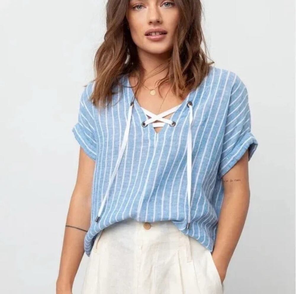 RAILS Jeri St. Germain Linen blue striped Lace-Up Top Small